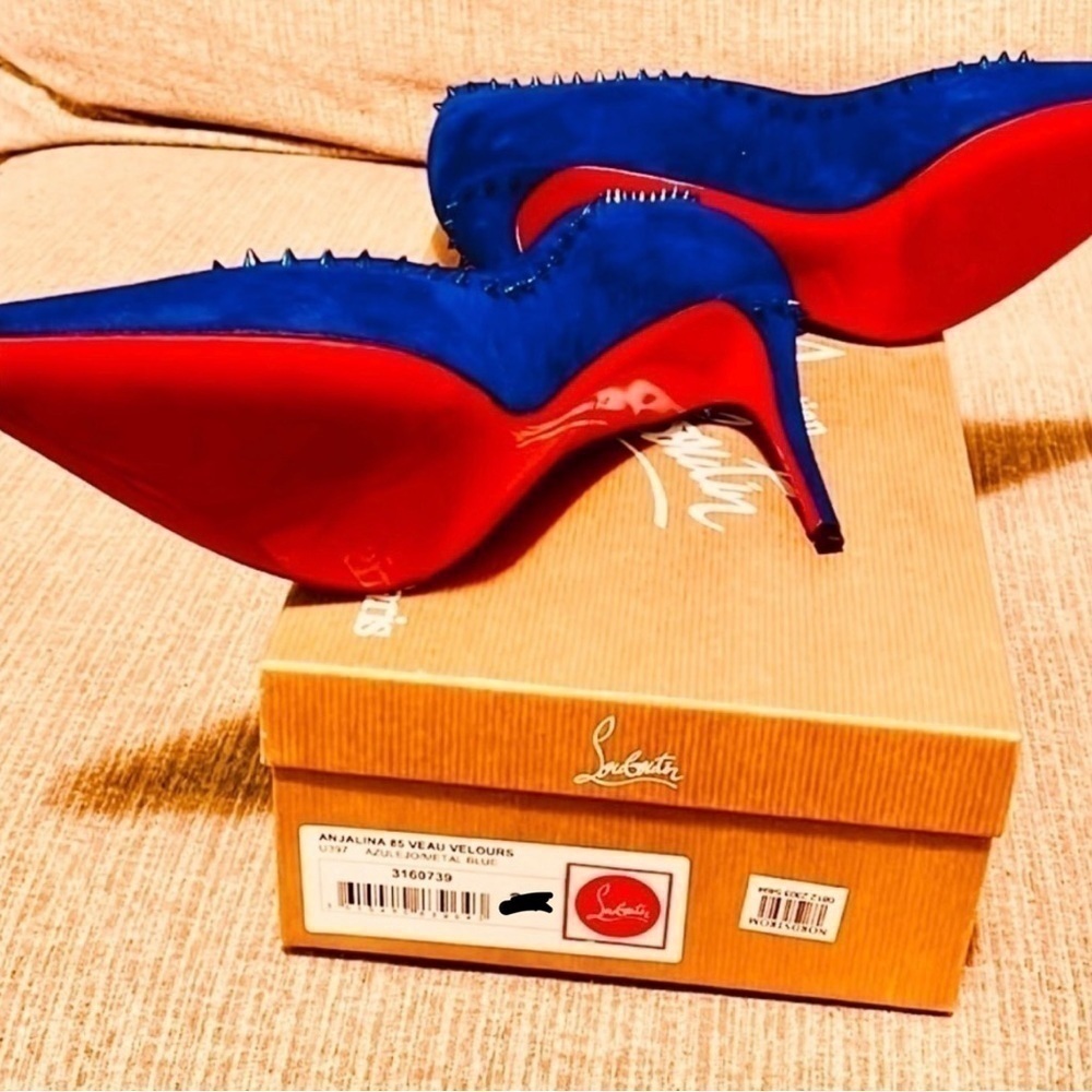 Christian Louboutin Blue Suede Spike Pointed-Toe Pumps with Red Soles
